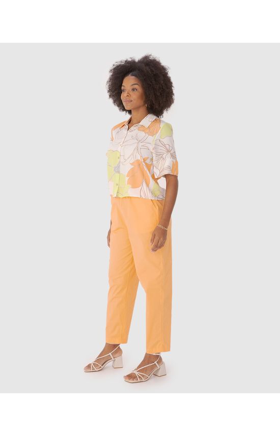 Camisa Long Cropped Feminina Floral Manga Curta Em Viscose