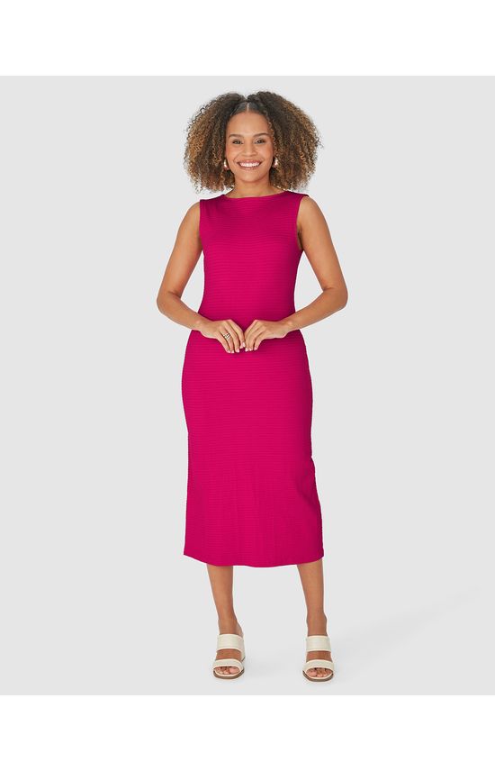 Vestido Midi Feminino Acinturado Fenda Posterior Em Malha Texturizada
