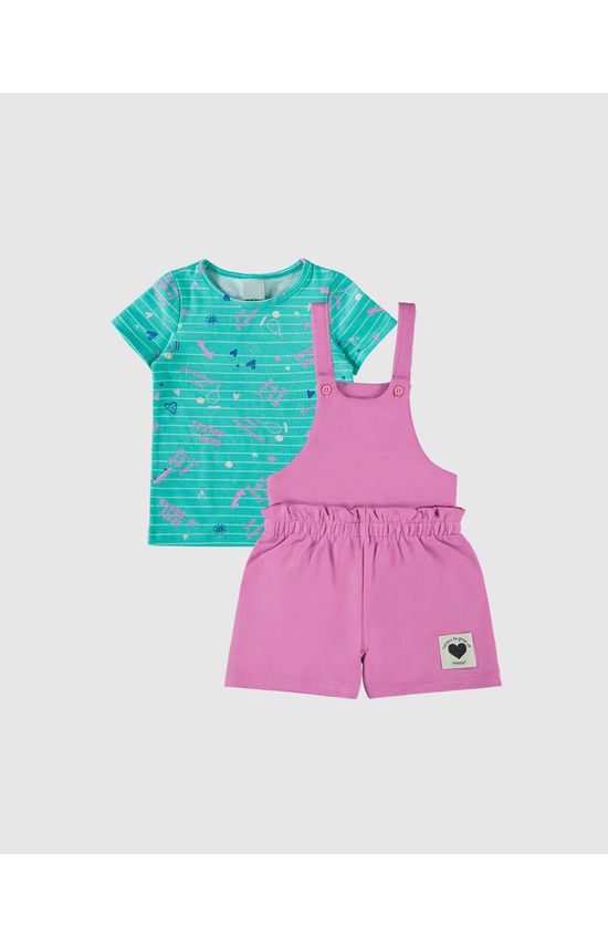 Conjunto Infantil Menina Jardineira Em Moletinho Rajado Malwee Kids