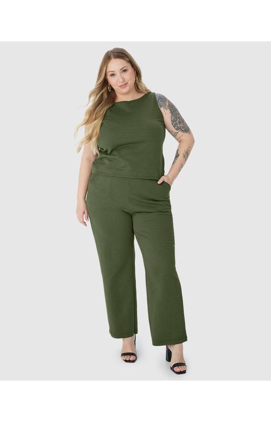 Calça Reta Feminina Plus Size Cós Elástico Em Malha Texturizada