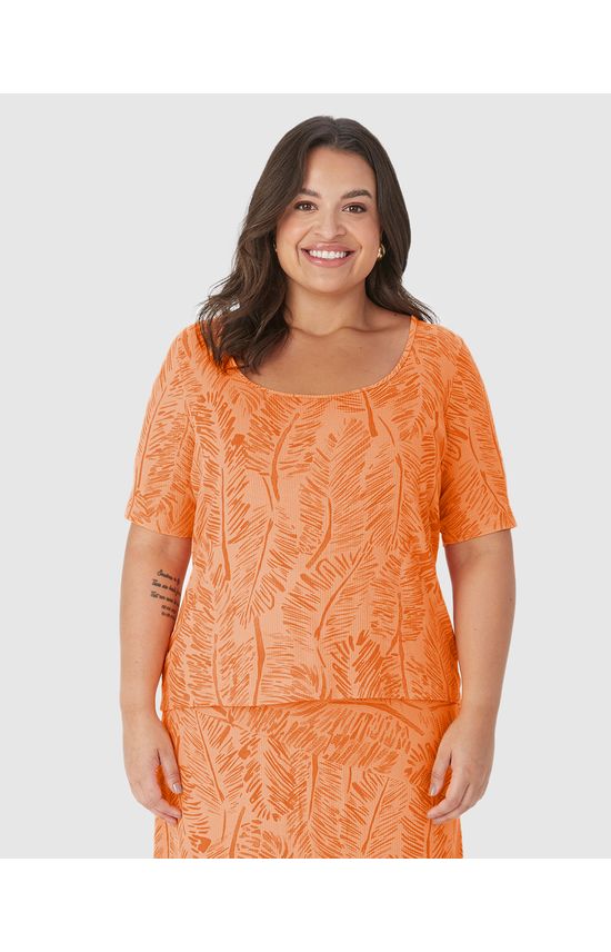 Blusa Feminina Plus Size Estampada Manga 3/4 Em Malha Canelada De Viscose