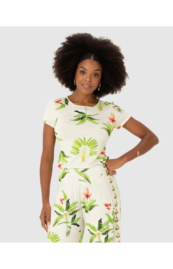 Blusa Feminina Decote Redondo Folhagem Em Viscose Stretch