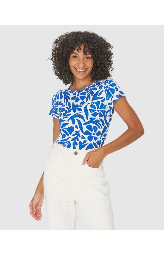 Blusa Feminina Decote Redondo Floral Em Viscose Stretch