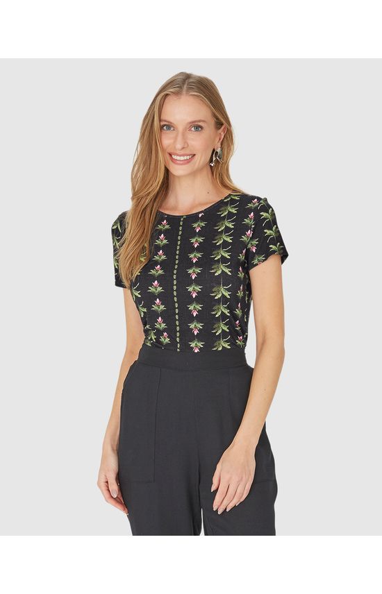 Blusa Feminina Decote Redondo Folhagem Em Viscose Stretch