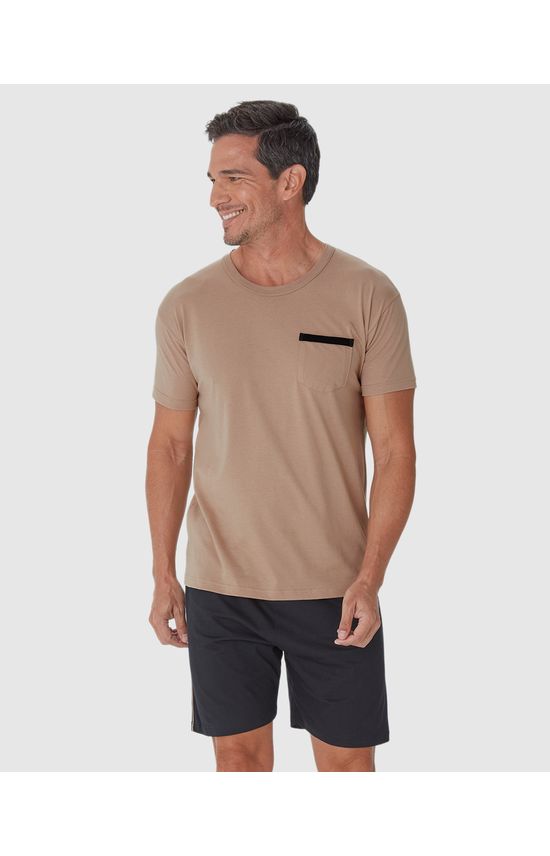 Pijama Masculino Camiseta Com Bolso Frontal Em Algodão