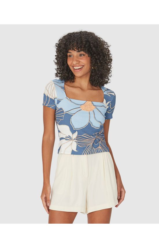 Blusa Feminina Floral Decote Quadrado Em Viscose Stretch