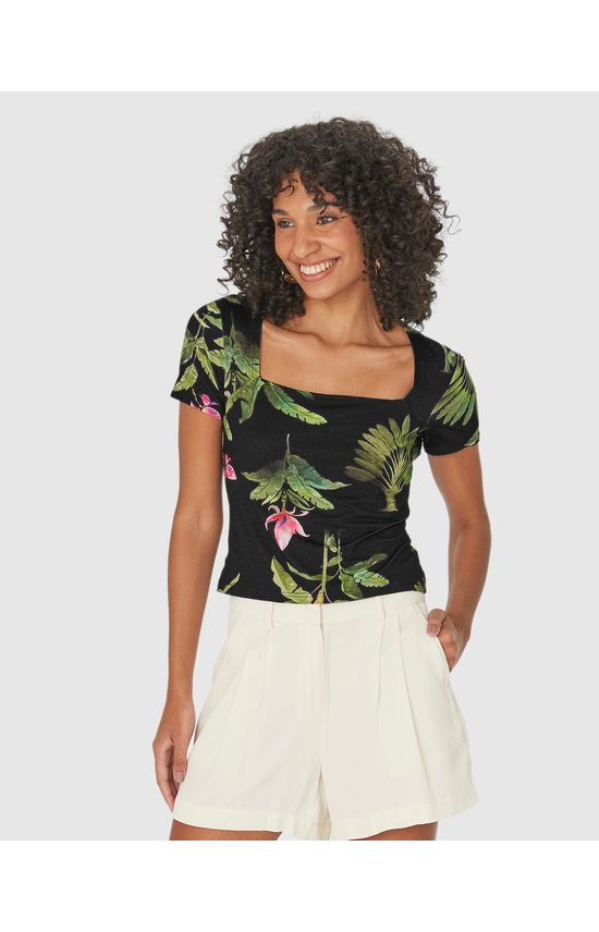 Blusa Feminina Folhagem Decote Quadrado Em Viscose Stretch