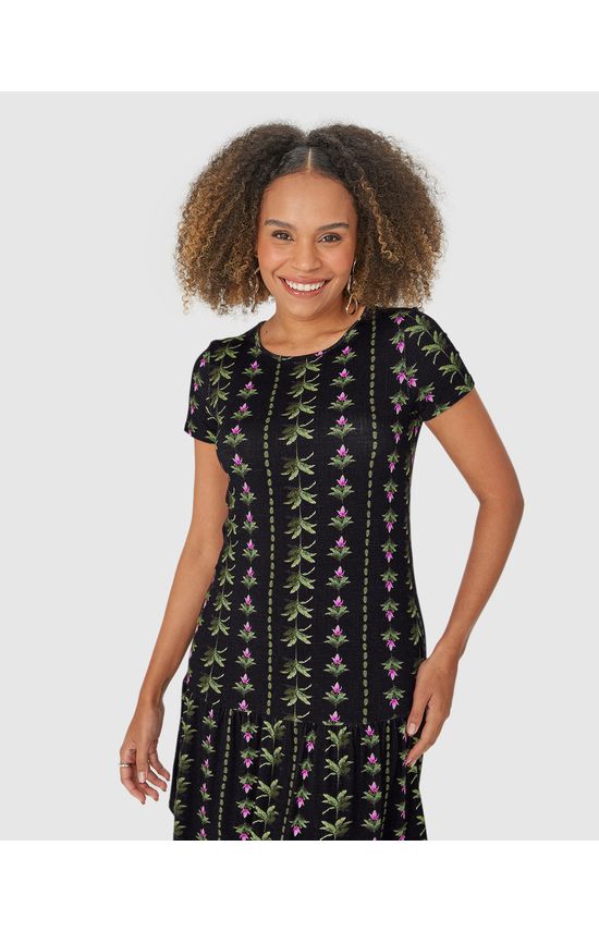 Vestido Feminino Folhagem Recorte Com Franzido Em Viscose Stretch