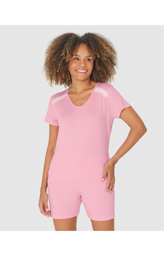 Pijama Feminino Blusa Com Detalhe Renda Em Malha Viscose Stretch