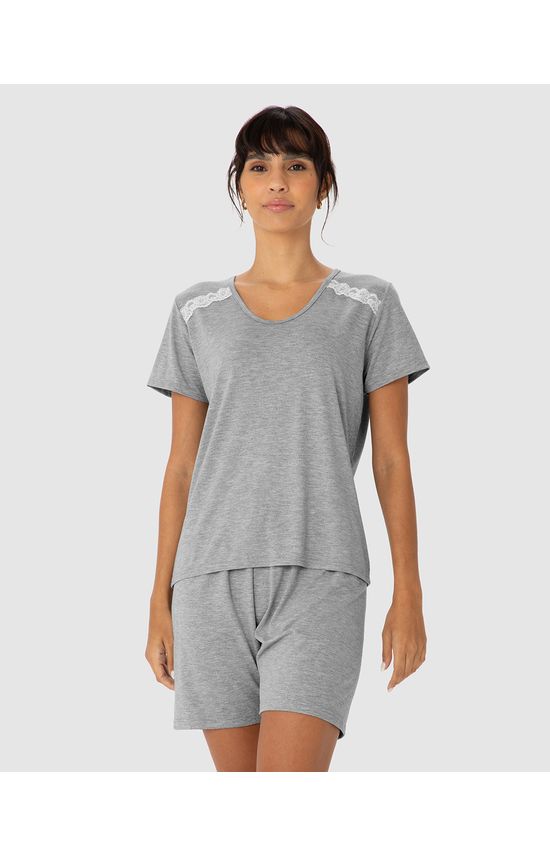 Pijama Feminino Blusa Com Detalhe Renda Em Malha Viscose Stretch