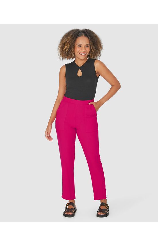 Calça Reta Feminina Bolso Frontal Em Viscose Sarjada