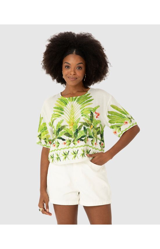 Blusa Box Feminina Com Estampa Folhagem Em Viscose