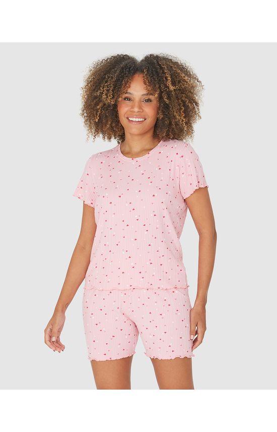 Pijama Feminino Manga Curta Estampado Em Malha De Viscose Canelada