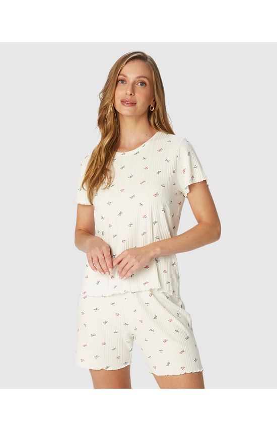 Pijama Feminino Manga Curta Estampado Em Malha De Viscose Canelada