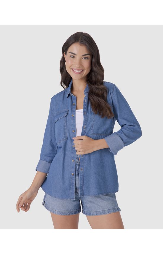 Camisa Feminina Manga Longa Bolso Frontal Em Jeans Leve Soft