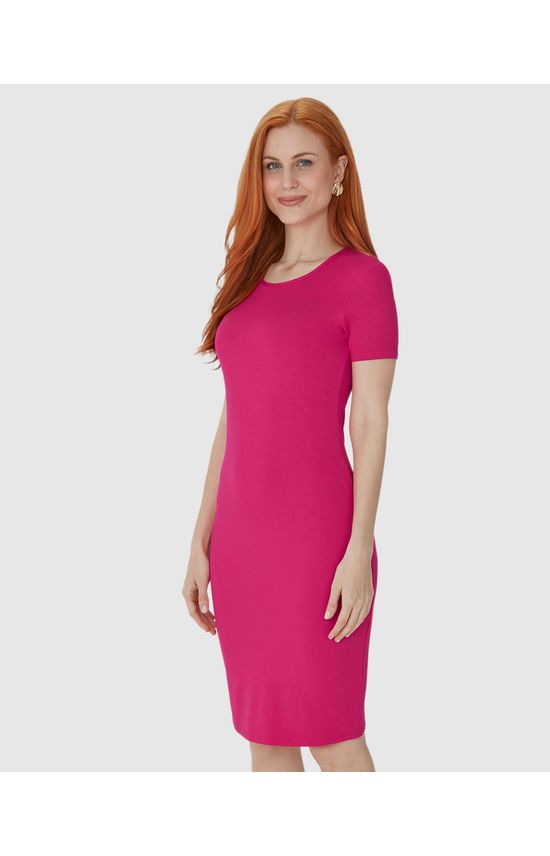 Vestido Básico Feminino Manga Curta Em Viscose Stretch