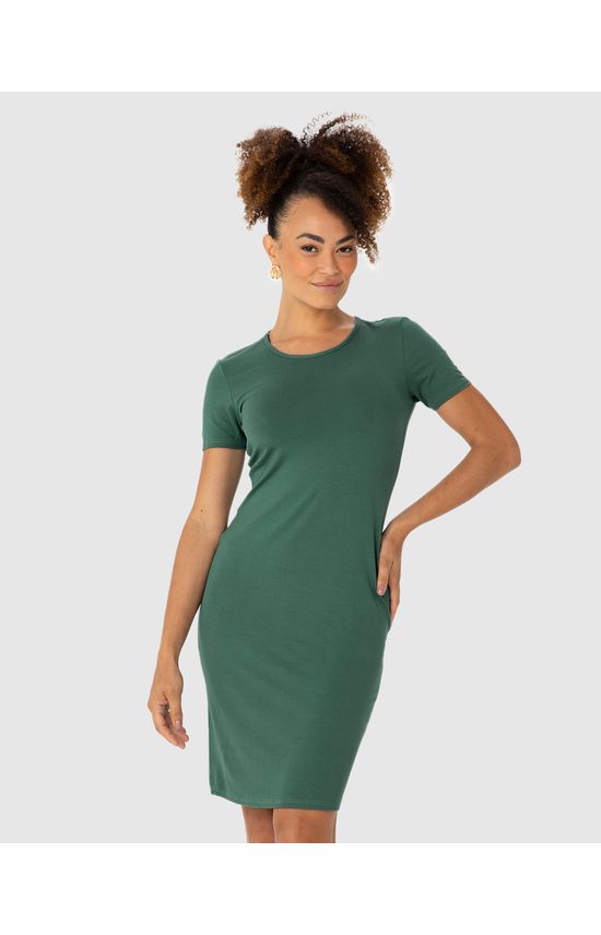 Vestido Básico Feminino Manga Curta Em Viscose Stretch