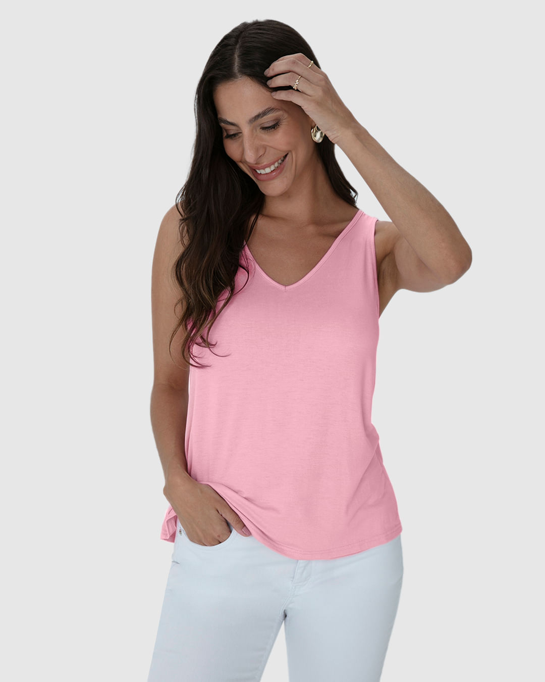 Regata Básica Feminina Decote V Em Malha Essence