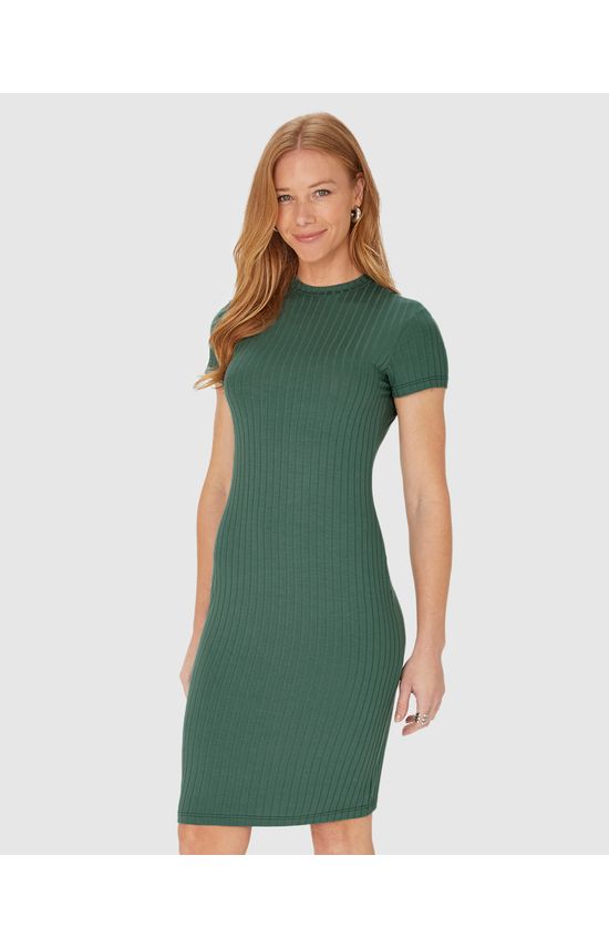Vestido Básico Feminino Gola Alta Em Malha Canelada De Viscose