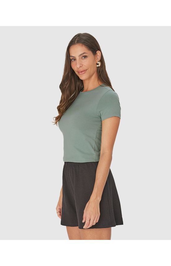 Blusa Long Cropped Feminina Manga Curta Em Algodão
