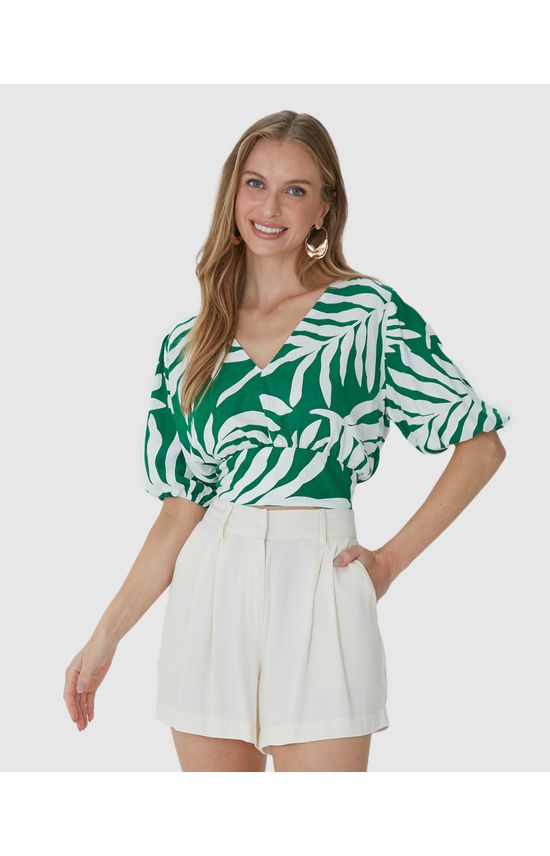Blusa Long Cropped Feminina Folhagem Amarração Costas Em Viscolinho