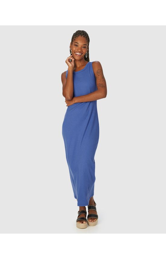 Vestido Midi Básico Feminino Gola Redonda Em Ribana