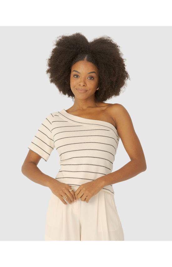 Blusa Feminina Listrada Decote Ombro Só Em Malha Texturizada