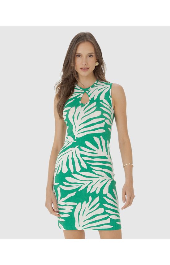 Vestido Feminino Folhagem Decote Gota Em Malha Viscose Canelada