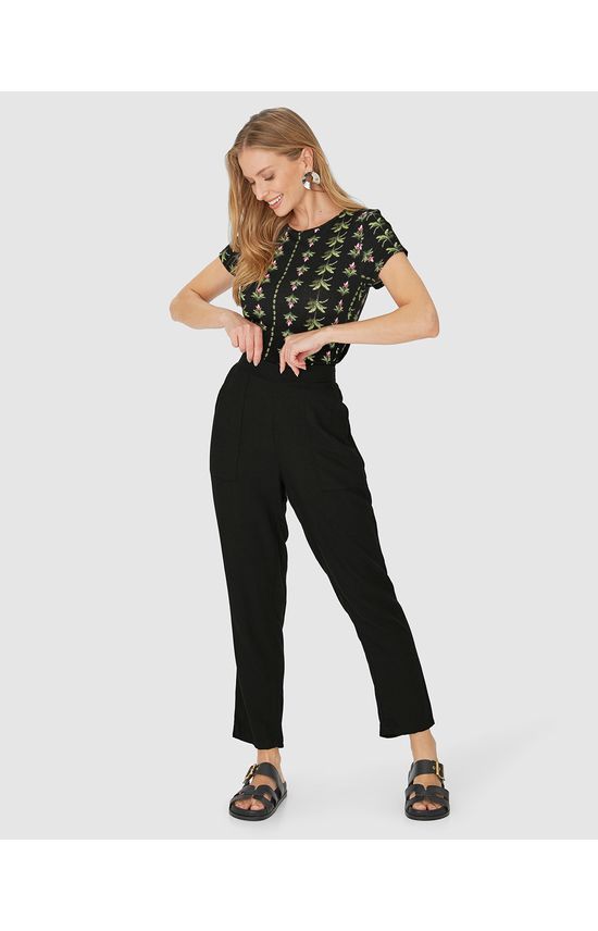 Calça Reta Feminina Bolso Frontal Em Viscose Sarjada