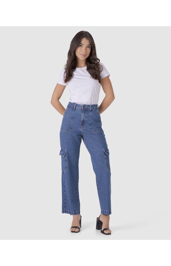 Calça Straight Feminina Cargo Em Jeans 100% Algodão