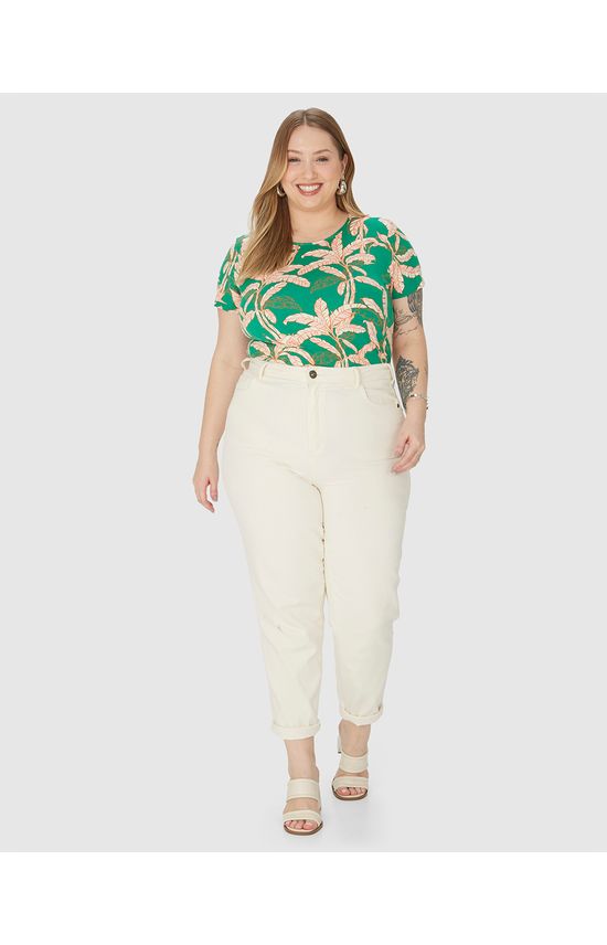 Blusa Feminina Plus Size Manga Curta Folhagem Em Viscose Stretch