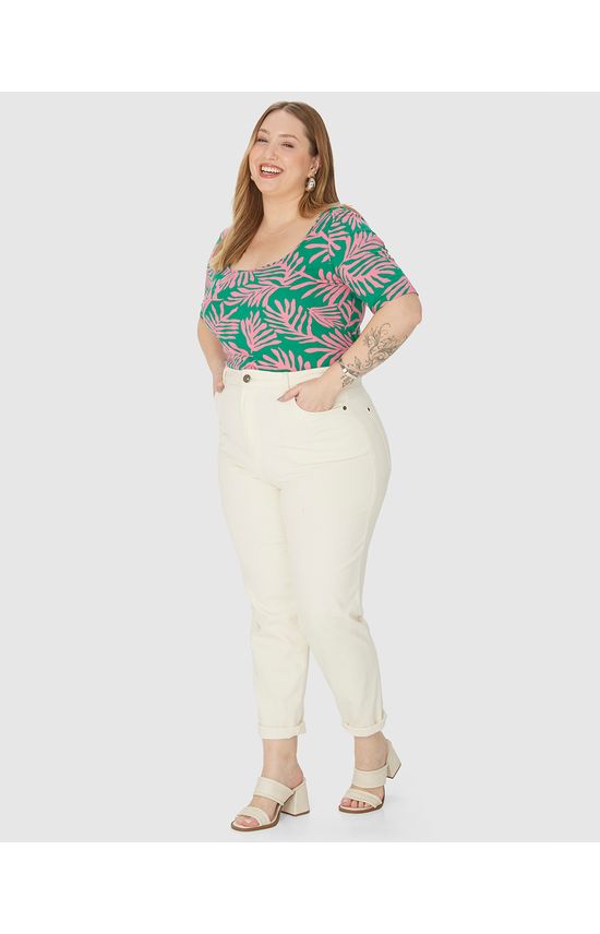 Blusa Feminina Plus Size Estampada Manga 3/4 Em Malha Canelada De Viscose