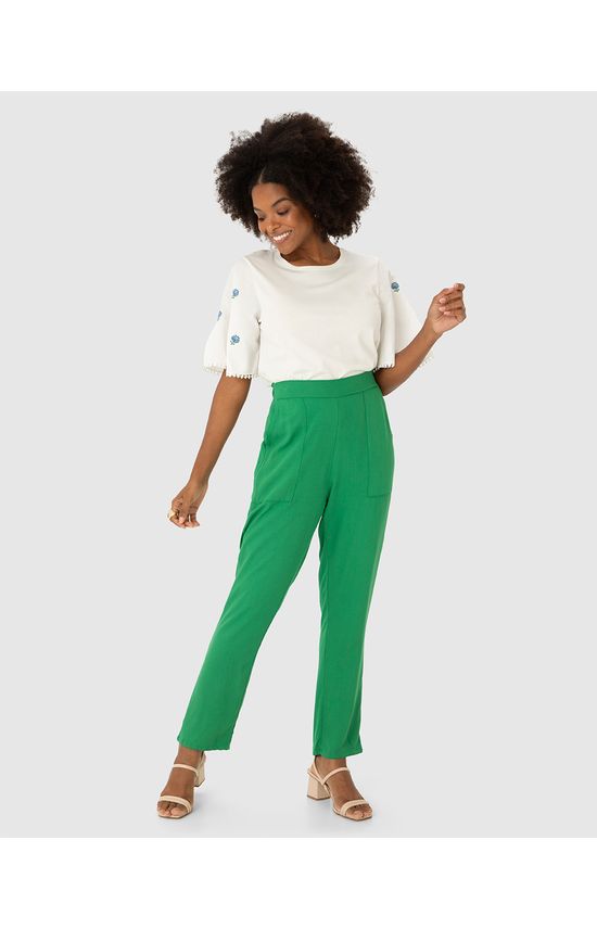 Calça Reta Feminina Bolso Frontal Em Viscose Sarjada