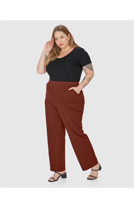 Calça Reta Feminina Plus Size Cós Elástico Em Malha Texturizada