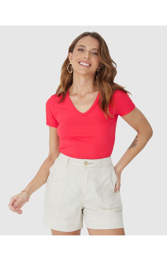 Blusa Básica Feminina Decote V Em Malha Canelada