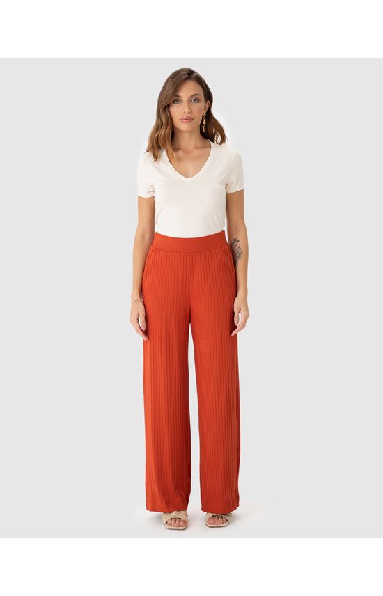Calça Wide Leg Feminina Cintura Alta Em Malha Canelada De Viscose
