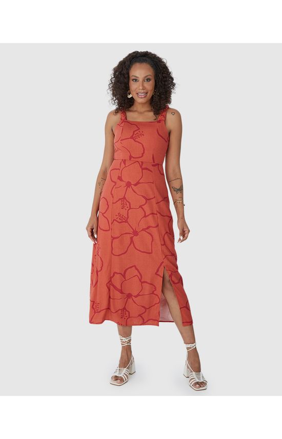 Vestido Midi Feminino Acinturado Fenda Frontal Em Viscolinho