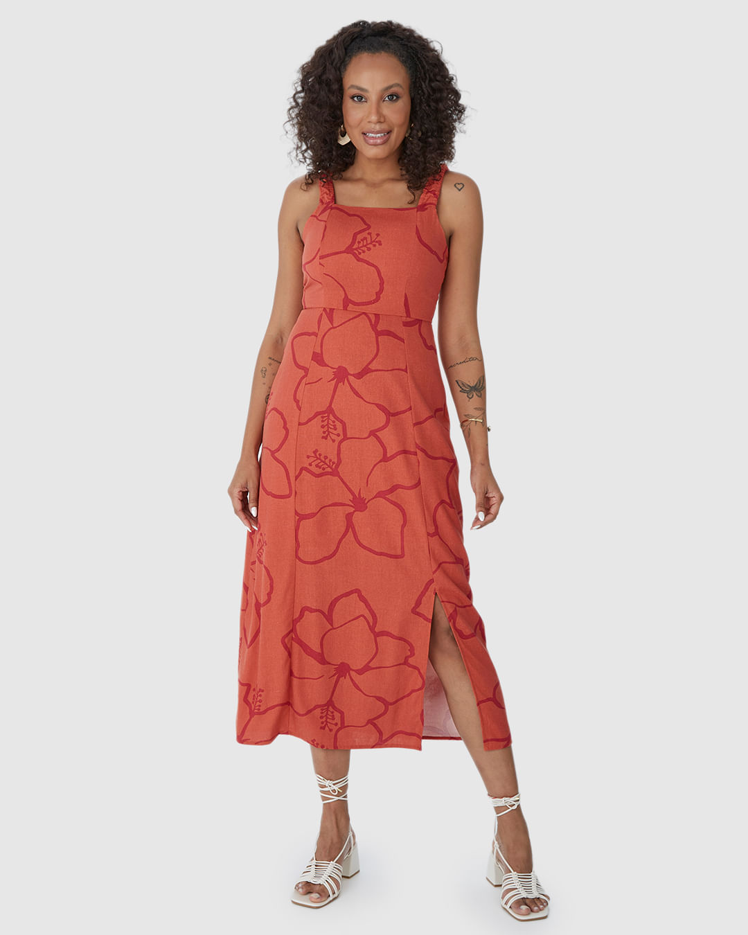 Vestido Midi Feminino Acinturado Fenda Frontal Em Viscolinho - Imagem 6