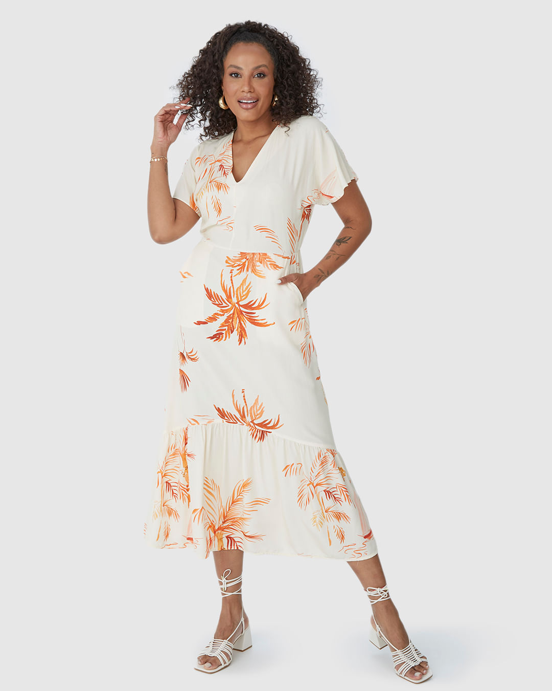 Vestido Midi Feminino Evasê Estampado em Viscose