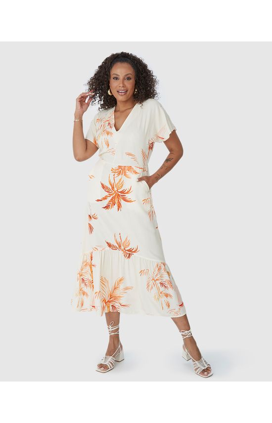 Vestido Midi Feminino Evasê Estampado Em Viscose