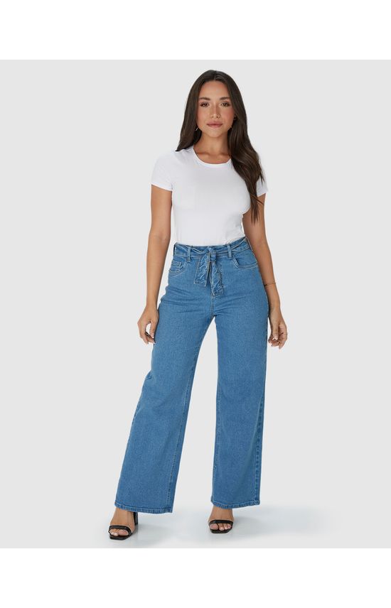 Calça Wide Leg Feminina Com Cinto Em Jeans Com Elastano
