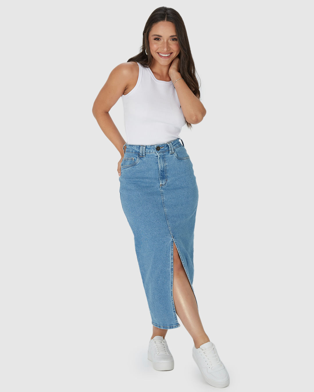 Saia Midi Feminina Fenda Frontal Em Jeans Com Elastano - Imagem 6
