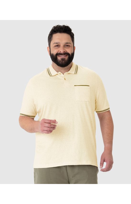 Camisa Polo Masculina Plus Size Bolso Frontal Em Malha Linho