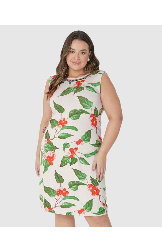 Vestido Feminino Plus Size Gola Retilínea Estampado Em Viscose Stretch