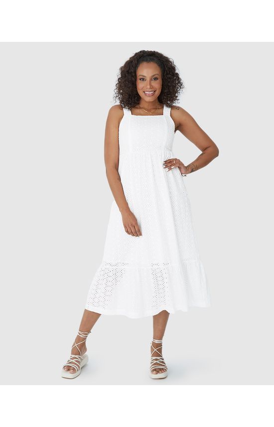 Vestido Midi Feminino Decote Reto Em Laise Algodão