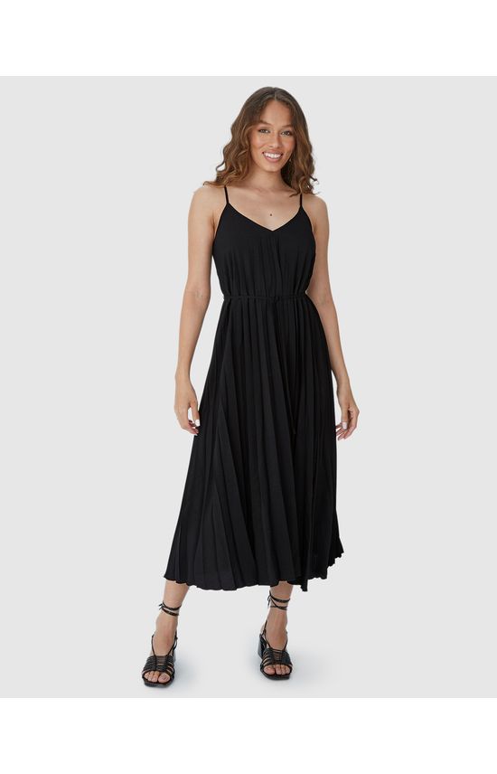 Vestido Midi Feminino Decote V Alça Fina Em Tecido Plissado