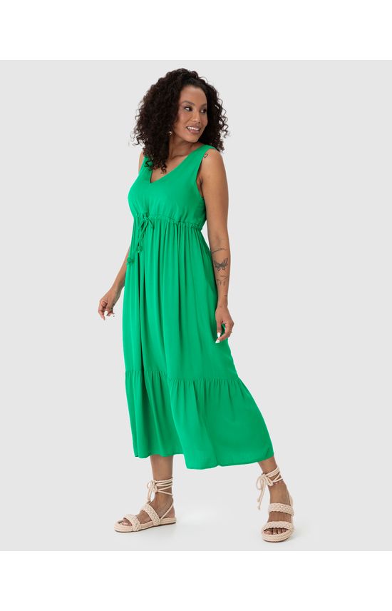 Vestido Midi Feminino Evasê Amarração Funcional Em Viscose