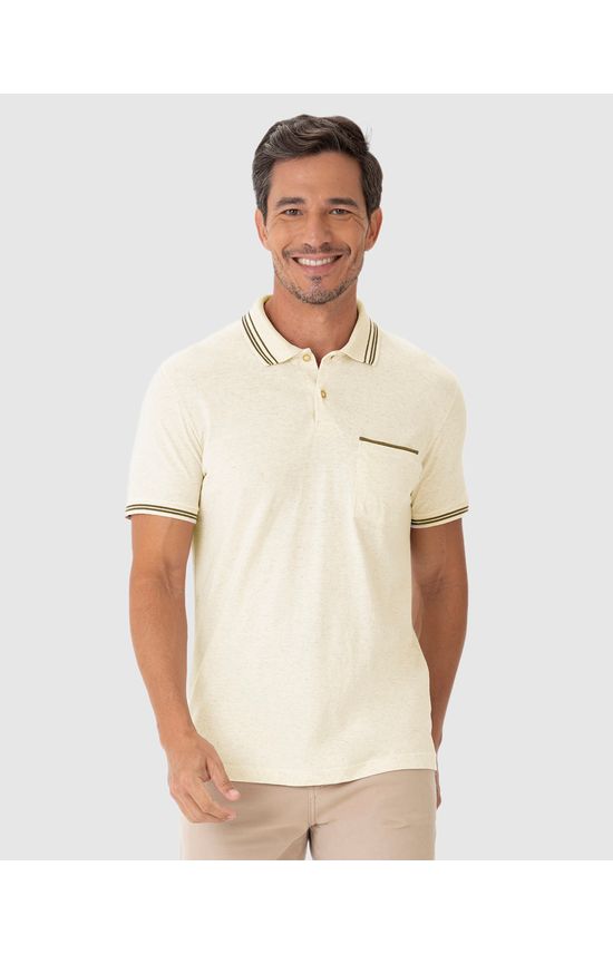 Camisa Polo Masculina Regular Bolso Frontal Em Malha Linho