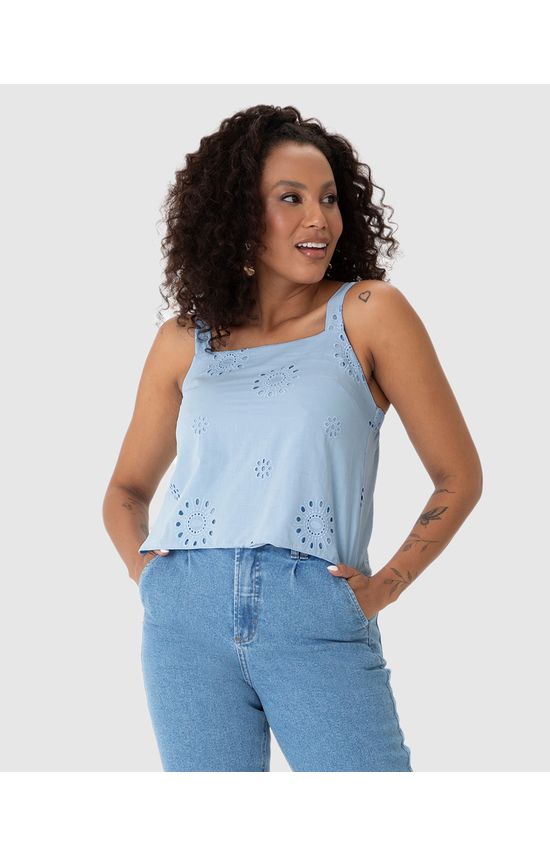 Regata Cropped Feminina Decote Reto Em Laise Algodão