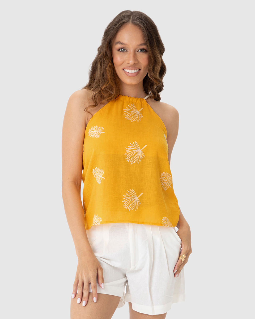 Regata Feminina Alça De Corda Em Tecido Bordado